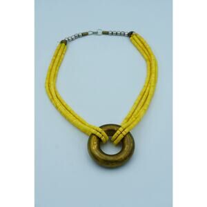 Vintage Boho Statement Necklace Yellow Heishi Beads Brass Donut Pendant